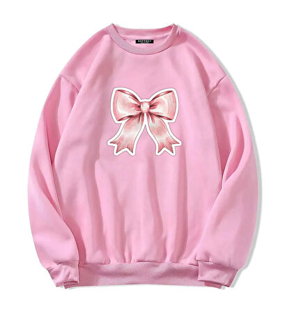 Unisex Oversize Bisiklet Yaka Basic Powder Pink Ribbom Baskılı Sweatshirt - PEMBE