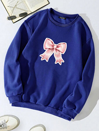 Unisex Oversize Bisiklet Yaka Basic Powder Pink Ribbom Baskılı Sweatshirt - SAKS MAVİSİ