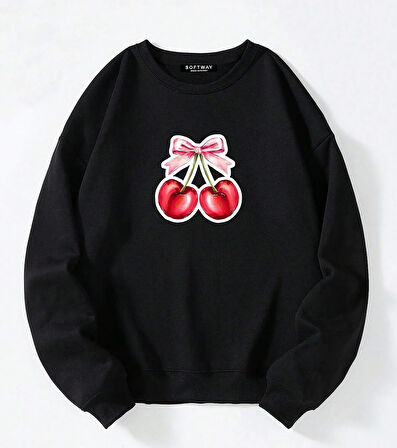 Unisex Oversize Bisiklet Yaka Basic Ribbom Cherry Baskılı Sweatshirt - SİYAH