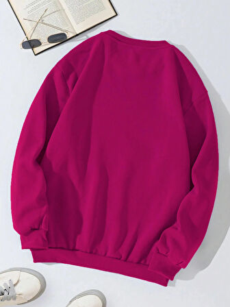 Unisex Oversize Bisiklet Yaka Basic Ribbom Cherry Baskılı Sweatshirt - FUŞYA