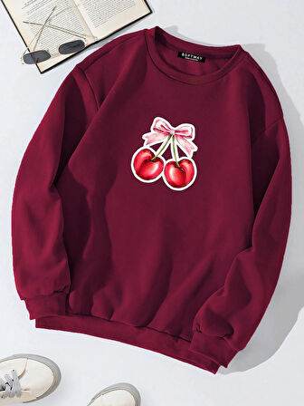 Unisex Oversize Bisiklet Yaka Basic Ribbom Cherry Baskılı Sweatshirt - BORDO