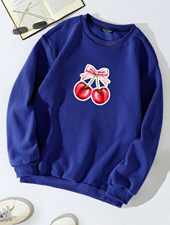 Unisex Oversize Bisiklet Yaka Basic Ribbom Cherry Baskılı Sweatshirt - SAKS MAVİSİ