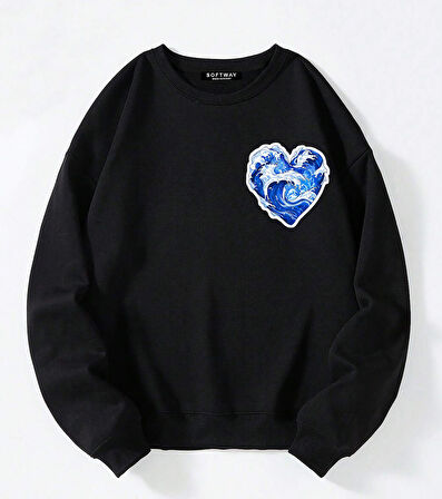 Unisex Oversize Bisiklet Yaka Basic Ocean Heart Baskılı Sweatshirt - SİYAH