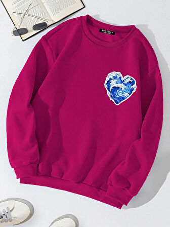 Unisex Oversize Bisiklet Yaka Basic Ocean Heart Baskılı Sweatshirt - FUŞYA