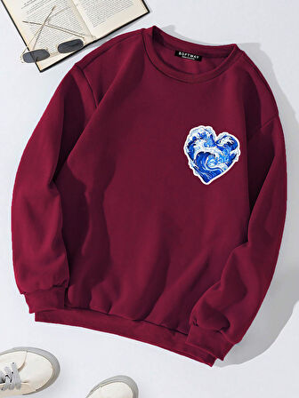 Unisex Oversize Bisiklet Yaka Basic Ocean Heart Baskılı Sweatshirt - BORDO