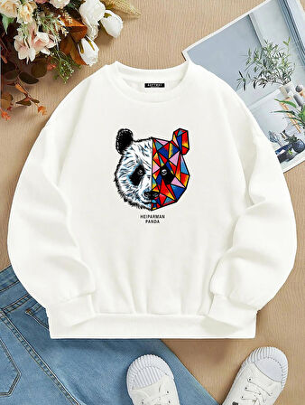 Unisex Oversize Bisiklet Yaka Basic Heiparman Panda Baskılı Sweatshirt - EKRU