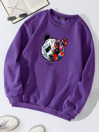Unisex Oversize Bisiklet Yaka Basic Heiparman Panda Baskılı Sweatshirt - MOR