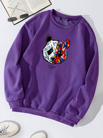 Unisex Oversize Bisiklet Yaka Basic Heiparman Panda Baskılı Sweatshirt - MOR
