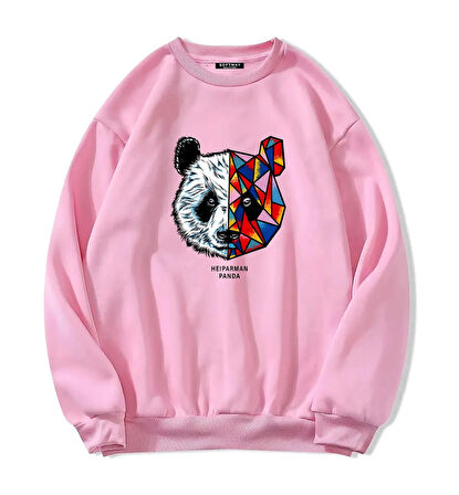 Unisex Oversize Bisiklet Yaka Basic Heiparman Panda Baskılı Sweatshirt - PEMBE