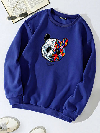 Unisex Oversize Bisiklet Yaka Basic Heiparman Panda Baskılı Sweatshirt - SAKS MAVİSİ