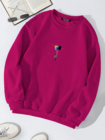 Unisex Oversize Bisiklet Yaka Basic Balloon Astronaut Baskılı Sweatshirt - FUŞYA