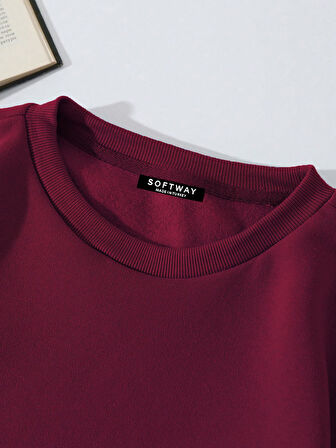 Unisex Oversize Bisiklet Yaka Basic Balloon Astronaut Baskılı Sweatshirt - BORDO