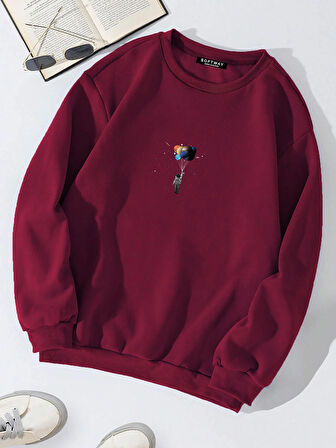 Unisex Oversize Bisiklet Yaka Basic Balloon Astronaut Baskılı Sweatshirt - BORDO