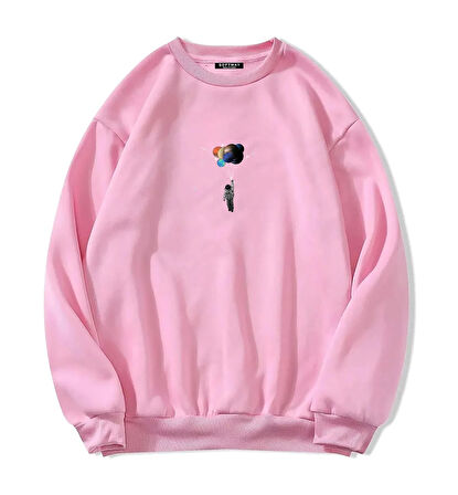 Unisex Oversize Bisiklet Yaka Basic Balloon Astronaut Baskılı Sweatshirt - PEMBE