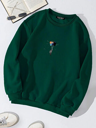Unisex Oversize Bisiklet Yaka Basic Balloon Astronaut Baskılı Sweatshirt - KOYU YEŞİL