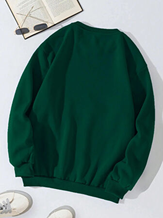 Unisex Oversize Bisiklet Yaka Basic Balloon Astronaut Baskılı Sweatshirt - KOYU YEŞİL