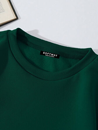 Unisex Oversize Bisiklet Yaka Basic Balloon Astronaut Baskılı Sweatshirt - KOYU YEŞİL