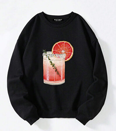 Unisex Oversize Bisiklet Yaka Basic Orange Cocktail Baskılı Sweatshirt - SİYAH