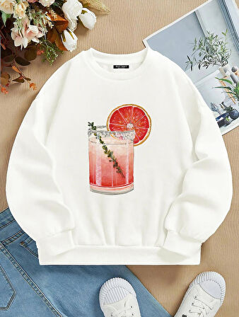 Unisex Oversize Bisiklet Yaka Basic Orange Cocktail Baskılı Sweatshirt - EKRU