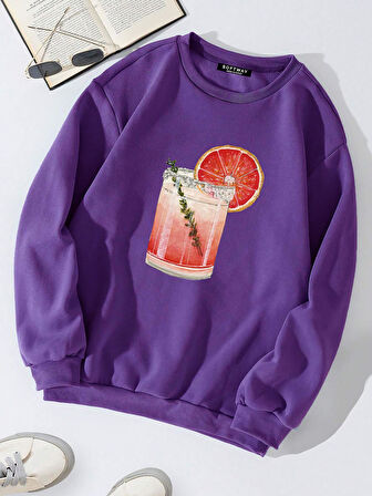 Unisex Oversize Bisiklet Yaka Basic Orange Cocktail Baskılı Sweatshirt - MOR