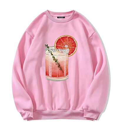 Unisex Oversize Bisiklet Yaka Basic Orange Cocktail Baskılı Sweatshirt - PEMBE