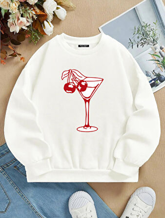 Unisex Oversize Bisiklet Yaka Basic Cherry Cocktail Baskılı Sweatshirt - EKRU