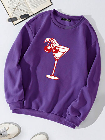 Unisex Oversize Bisiklet Yaka Basic Cherry Cocktail Baskılı Sweatshirt - MOR