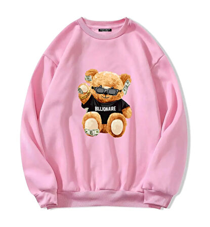 Unisex Oversize Bisiklet Yaka Basic Billionaire Baskılı Sweatshirt - PEMBE