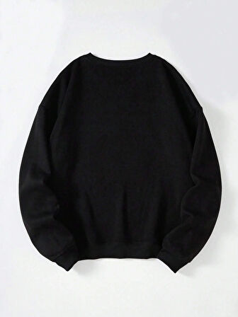 Unisex Oversize Bisiklet Yaka Basic Shining Metallic Star Baskılı Sweatshirt - SİYAH