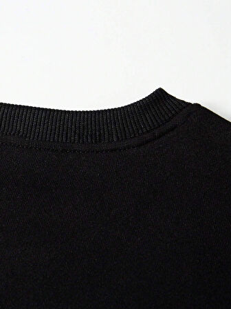 Unisex Oversize Bisiklet Yaka Basic Shining Metallic Star Baskılı Sweatshirt - SİYAH