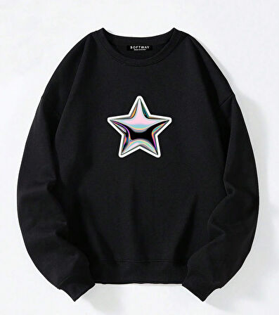 Unisex Oversize Bisiklet Yaka Basic Shining Metallic Star Baskılı Sweatshirt - SİYAH