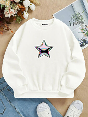 Unisex Oversize Bisiklet Yaka Basic Shining Metallic Star Baskılı Sweatshirt - EKRU