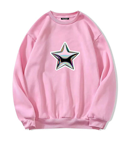 Unisex Oversize Bisiklet Yaka Basic Shining Metallic Star Baskılı Sweatshirt - PEMBE