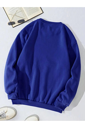 Unisex Oversize Bisiklet Yaka Basic Shining Metallic Star Baskılı Sweatshirt - SAKS MAVİSİ
