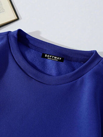 Unisex Oversize Bisiklet Yaka Basic Shining Metallic Star Baskılı Sweatshirt - SAKS MAVİSİ