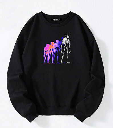 Unisex Oversize Bisiklet Yaka Basic Colorful Skeleton Baskılı Sweatshirt - SİYAH