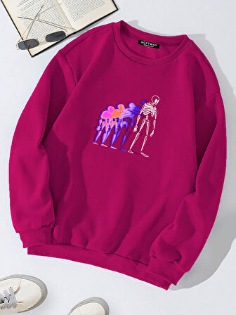 Unisex Oversize Bisiklet Yaka Basic Colorful Skeleton Baskılı Sweatshirt - FUŞYA