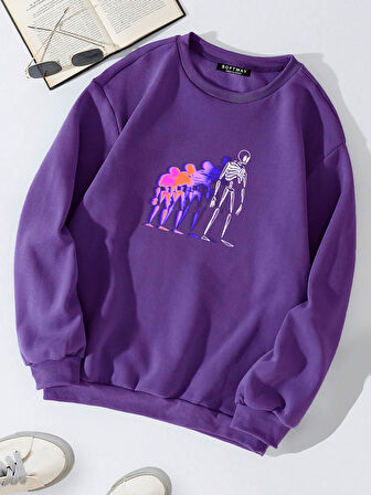 Unisex Oversize Bisiklet Yaka Basic Colorful Skeleton Baskılı Sweatshirt - MOR