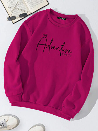 Unisex Oversize Bisiklet Yaka Basic Adventure Baskılı Sweatshirt - FUŞYA