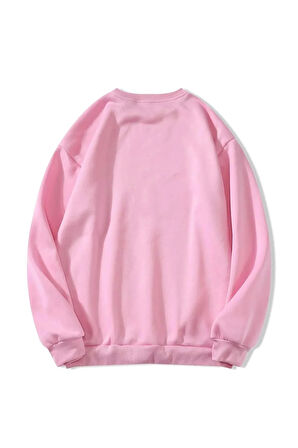 Unisex Oversize Bisiklet Yaka Basic Adventure Baskılı Sweatshirt - PEMBE