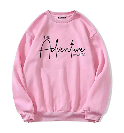 Unisex Oversize Bisiklet Yaka Basic Adventure Baskılı Sweatshirt - PEMBE