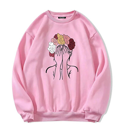 Unisex Oversize Bisiklet Yaka Basic Colorful Hair Baskılı Sweatshirt - PEMBE