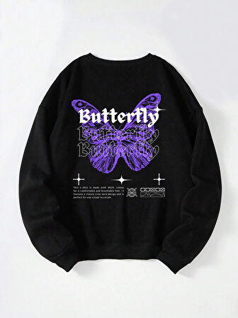 Unisex Oversize Bisiklet Yaka Basic Butterfly Baskılı Sweatshirt - SİYAH