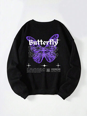 Unisex Oversize Bisiklet Yaka Basic Butterfly Baskılı Sweatshirt - SİYAH