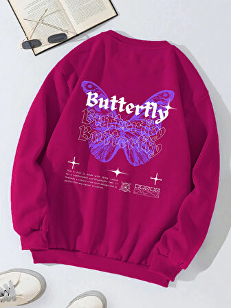 Unisex Oversize Bisiklet Yaka Basic Butterfly Baskılı Sweatshirt - FUŞYA