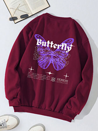 Unisex Oversize Bisiklet Yaka Basic Butterfly Baskılı Sweatshirt - BORDO