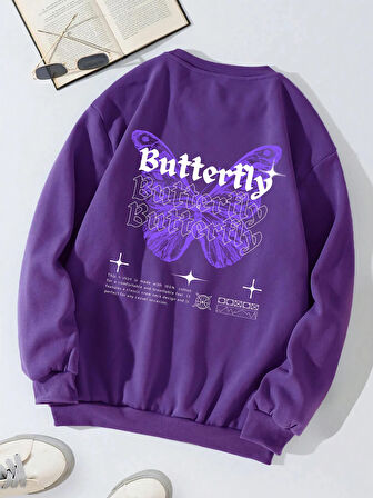 Unisex Oversize Bisiklet Yaka Basic Butterfly Baskılı Sweatshirt - MOR