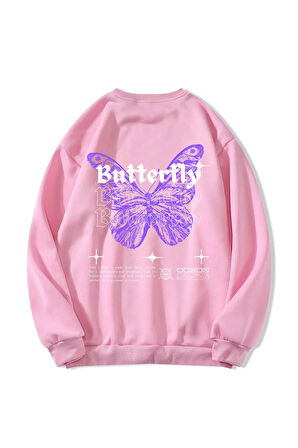 Unisex Oversize Bisiklet Yaka Basic Butterfly Baskılı Sweatshirt - PEMBE
