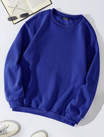 Unisex Oversize Bisiklet Yaka Basic Butterfly Baskılı Sweatshirt - SAKS MAVİSİ