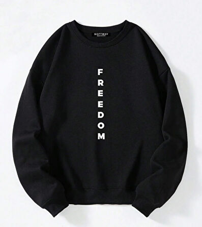 Unisex Oversize Bisiklet Yaka Basic Freedom Baskılı Sweatshirt - SİYAH